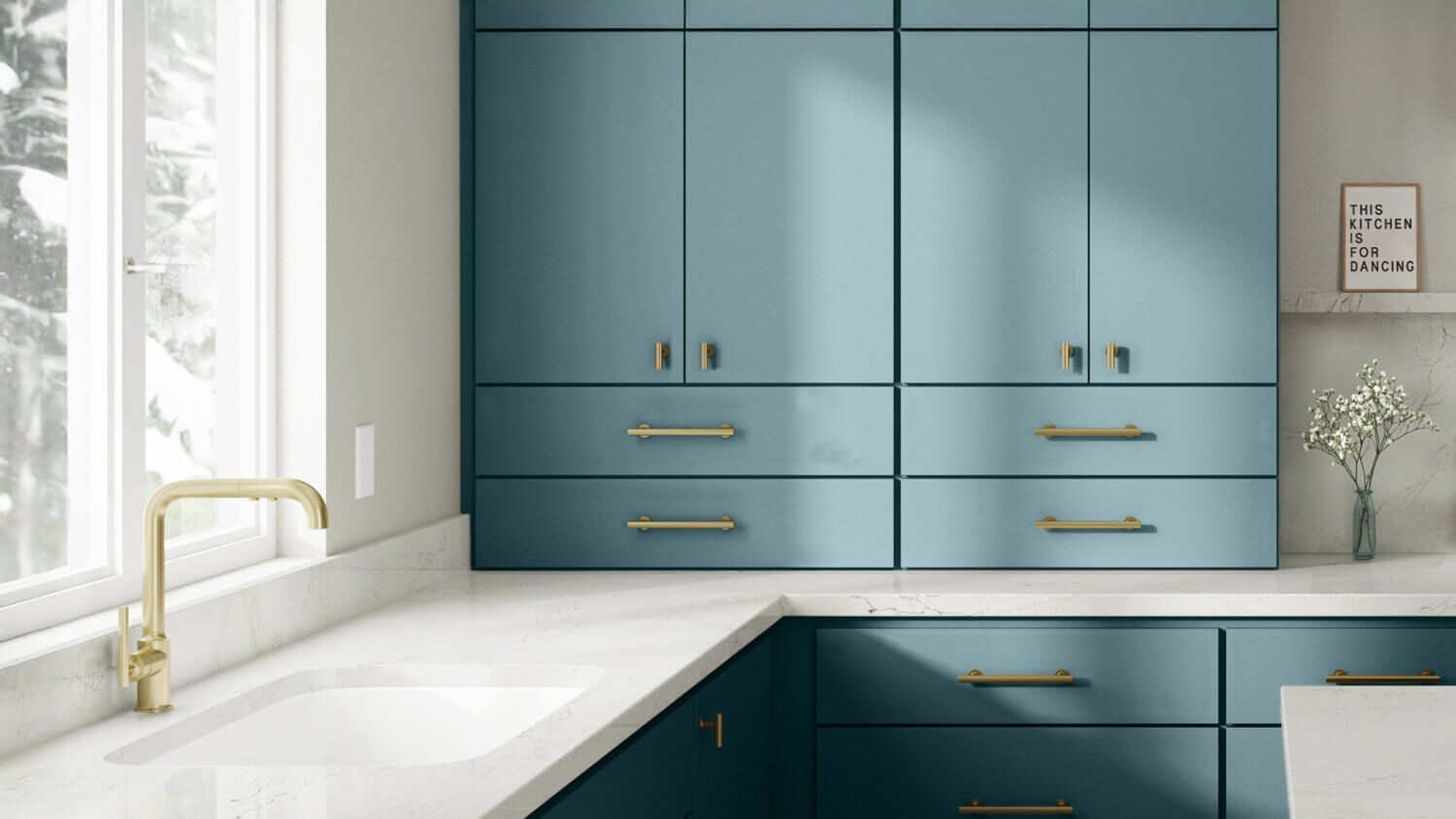 An ocean blue kitchen with contemporary slab cabinet doors featuring a state-of-the-art matte cabinet finish.