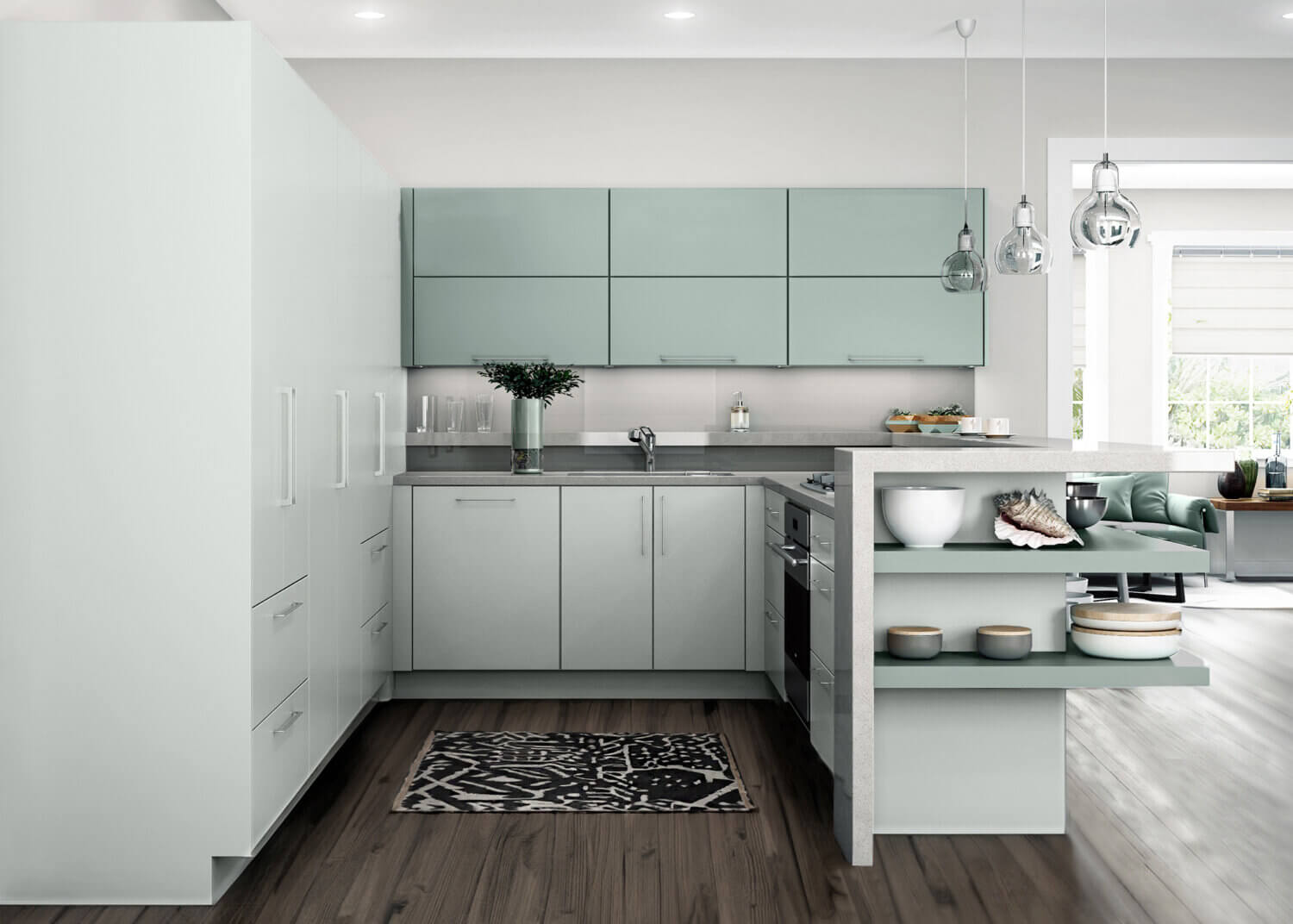 A sleek and modern two-toned kitchen with soft off-white, gray matte cabinets paired with light minty green cabinets with simplistic slab cabinet doors.