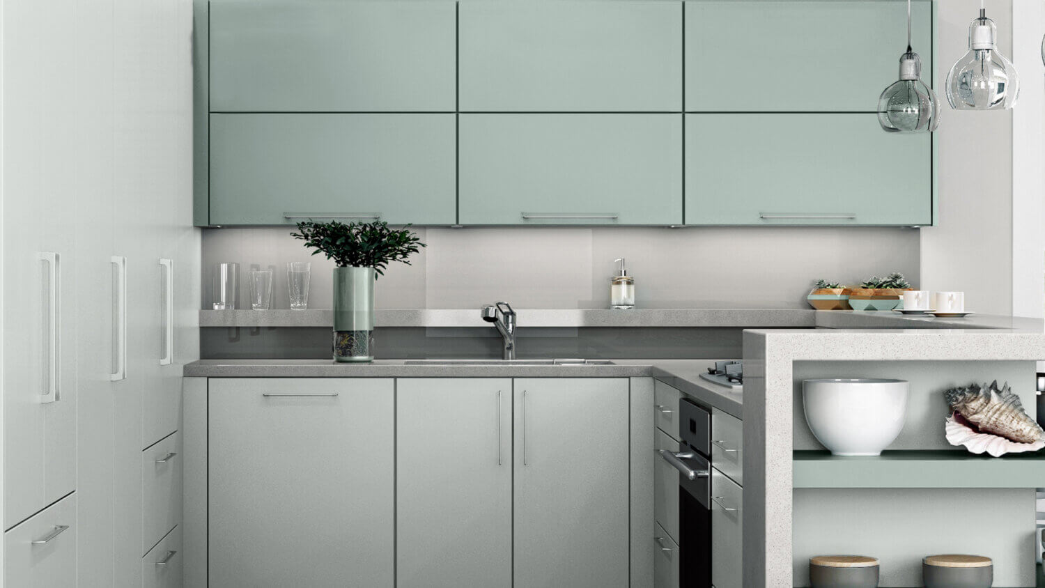 A contemporary white and light mint green kitchen design with minimalistic slab door styles with an ultra matte finish.