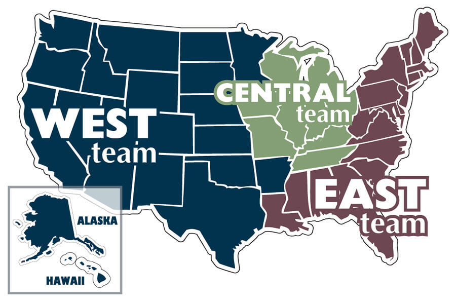 Dura Supreme Customer Care Team Regional Map. West Team, Central Team, and East Team.