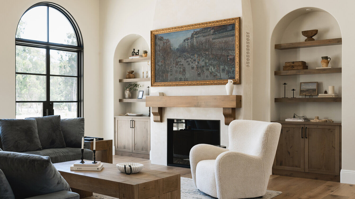 With an emphasis on comfort, heritage-inspired details, and lived-in textures, this family home is a Mediterranean oasis. This stunning Mediterranean inspired home features Dura Supreme’s Hudson shaker door style in a combination of the “Cashew” stain on Knotty Alder