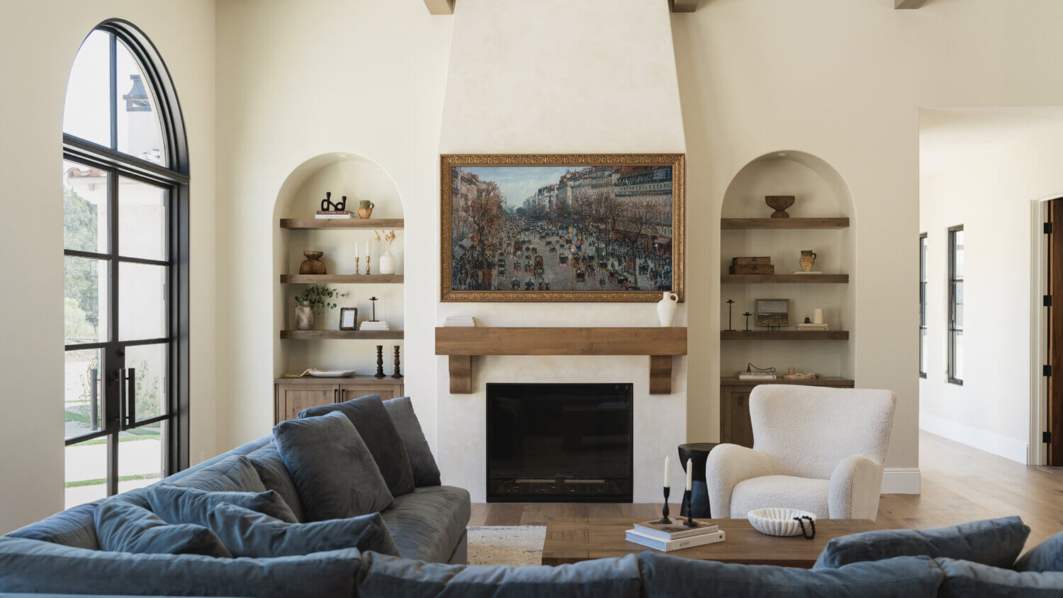 With an emphasis on comfort, heritage-inspired details, and lived-in textures, this family home is a Mediterranean oasis. This stunning Mediterranean inspired home features Dura Supreme’s Hudson shaker door style in a combination of the “Cashew” stain on Knotty Alder