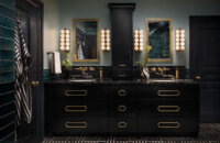 Black , teal, and gold moodiy bathroom desgin with a micro skinny shaker door style.