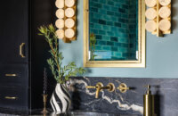 Black , teal, and gold moodiy bathroom desgin with a micro skinny shaker door style.