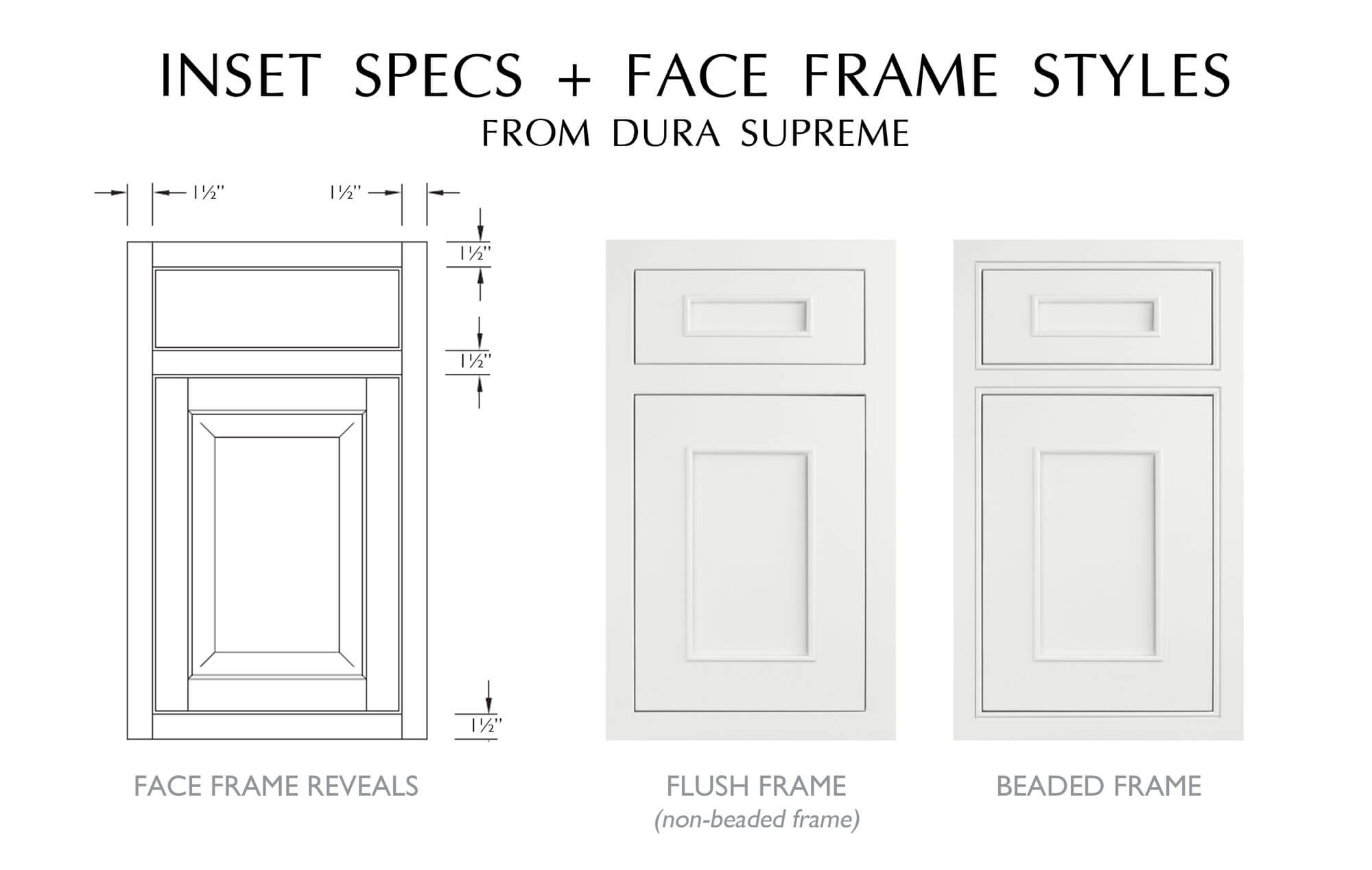 Inset Cabinetry Face Frame Styles showing the construction specs of inset cabinet doors from Dura Supreme Cabinetry with both beaded and non-beaded frames.