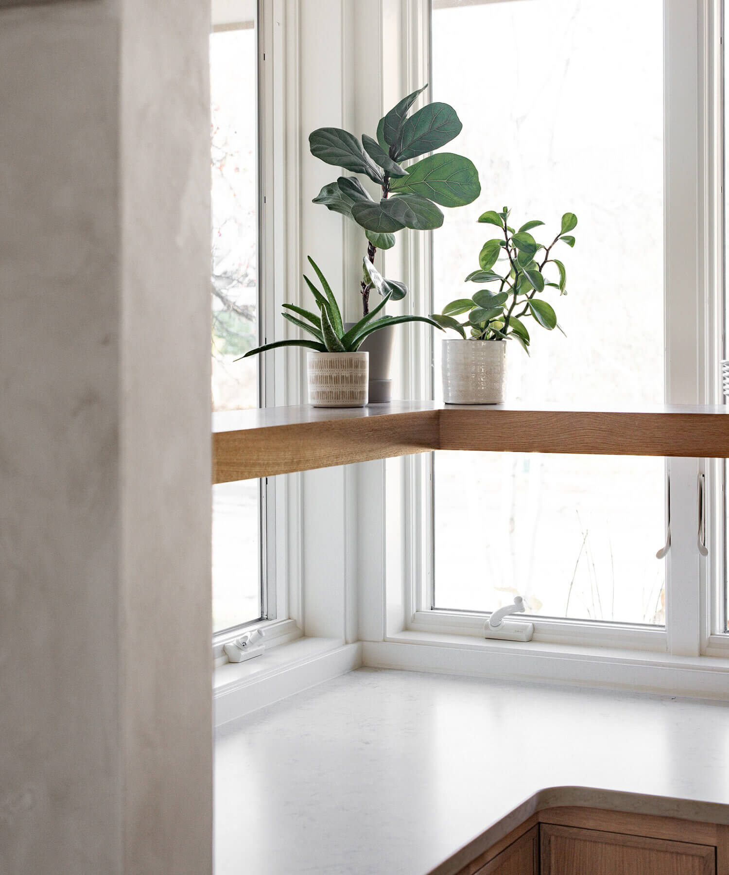 The corner windows of the kitchen feature a corner floating shelf made with Quarter-Sawn White Oak for displaying decor and caring for small house plants.