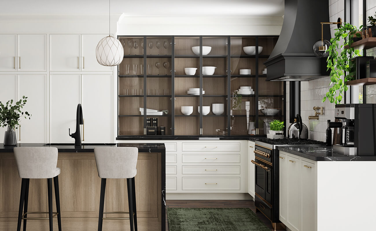 A stunning modern farmhouse kitchen with skinny shaker cabinets, metal black framed glass cabinets, and accents of light stained quarter-sawn white oak. This deisng also features a black painted, modern curved wood hood.