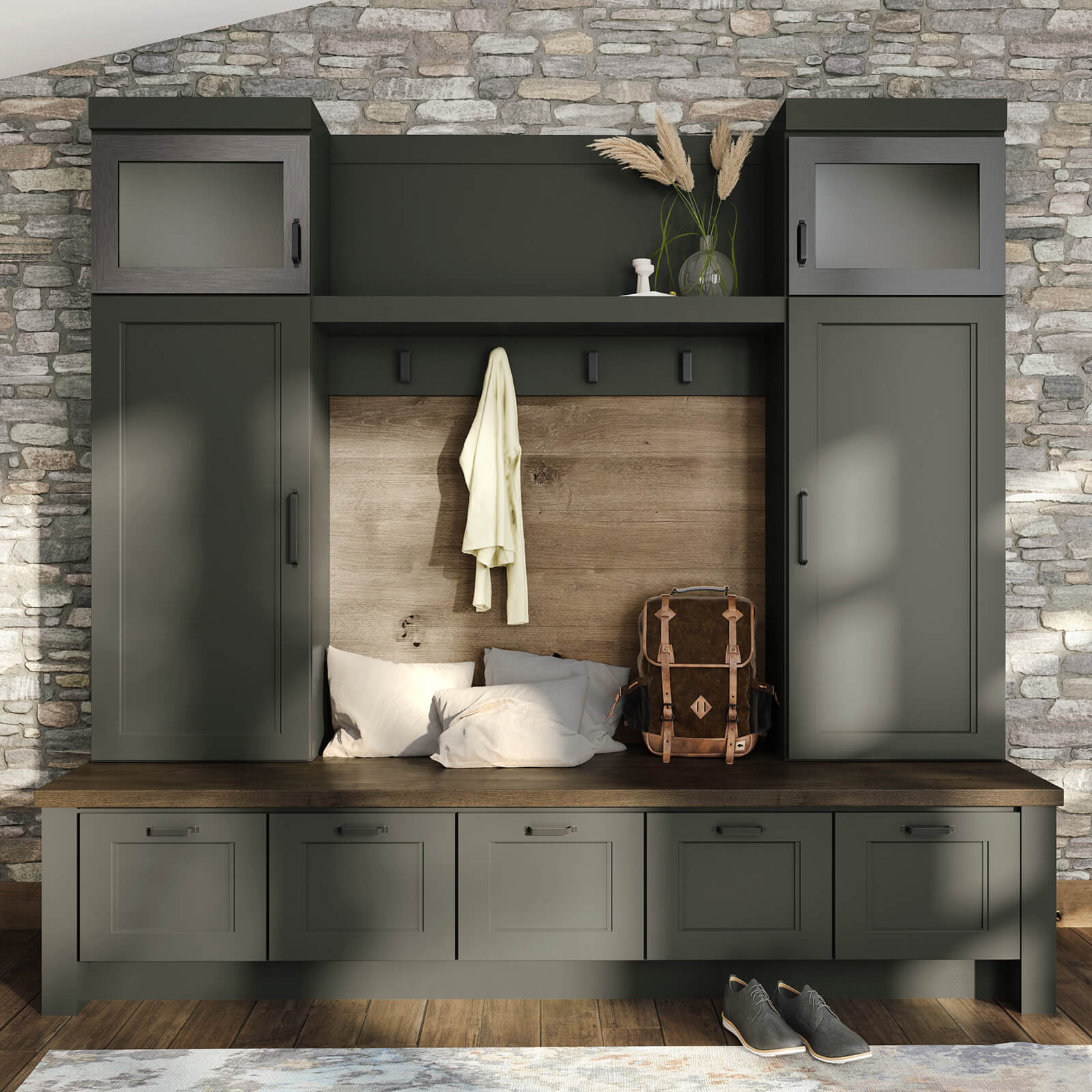 Mudroom Lockers with Coat Rack, Floating Shelf, and Boot Bench