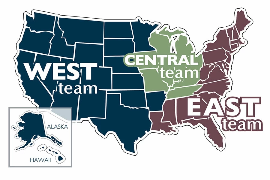 Dura Supreme Customer Care Team Regional Map. West Team, Central Team, and East Team.