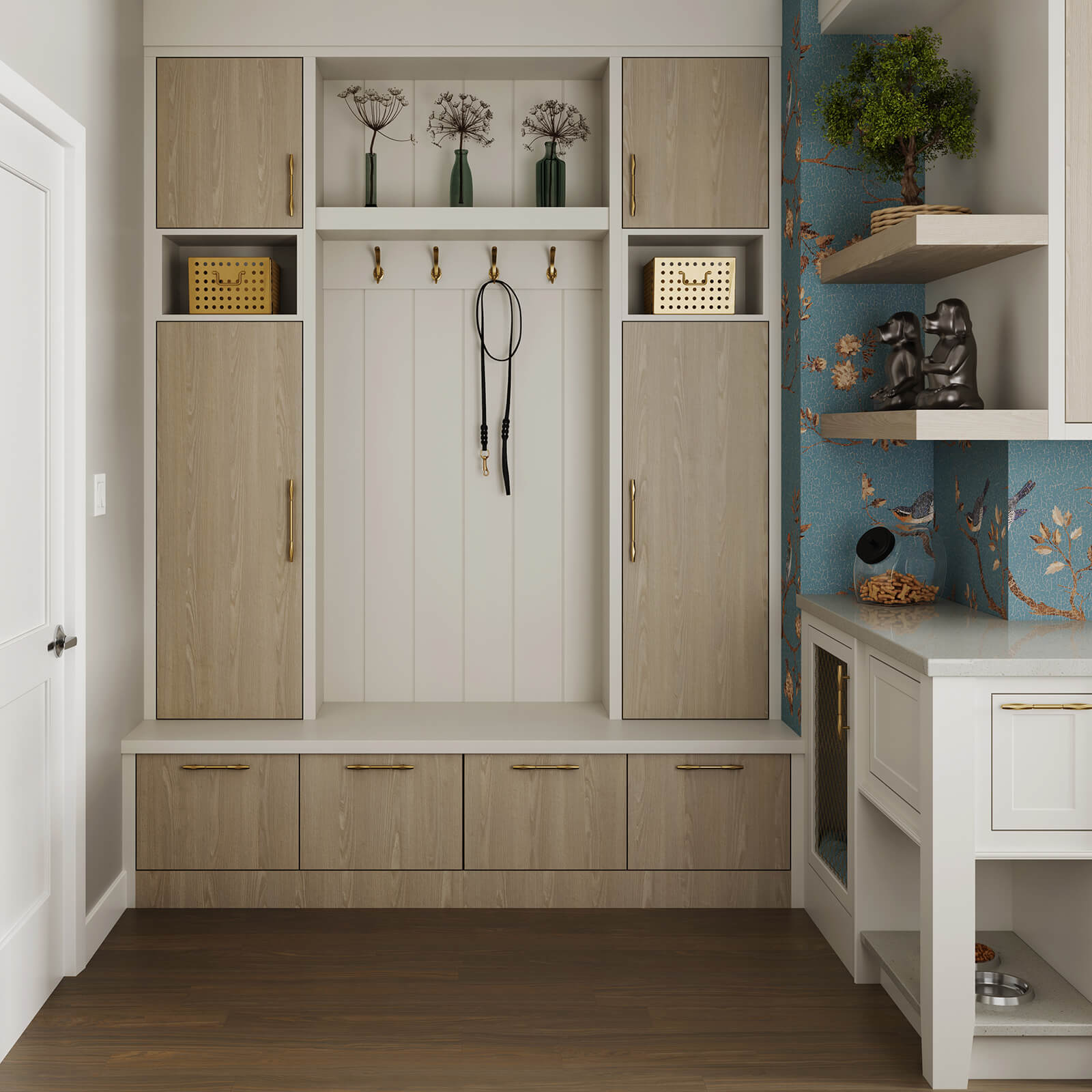 Mudroom Lockers with Coat Rack, Floating Shelf, Open Storage, and Boot Bench