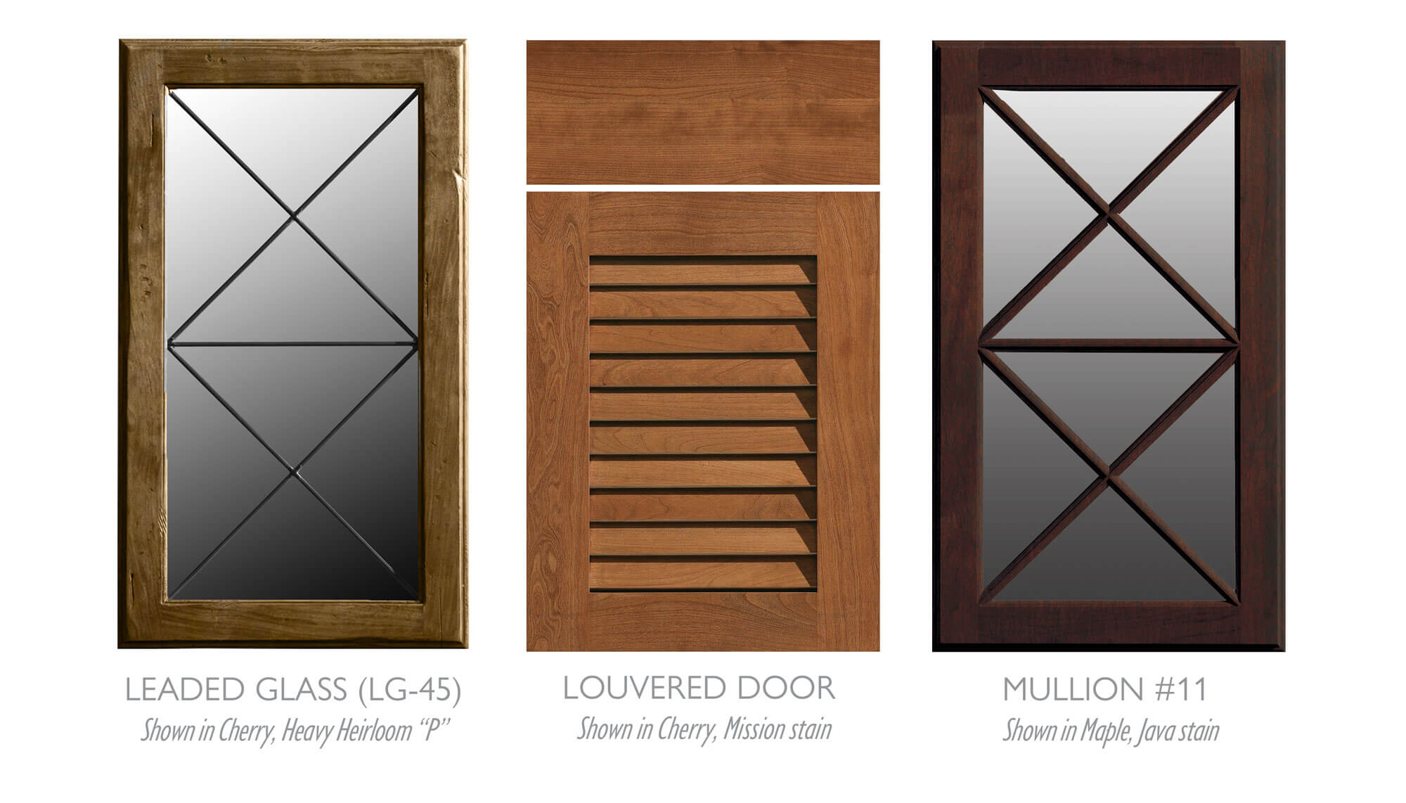 A collection of accent cabinet doors by Dura Supreme that work well for a traditional tropical kitchen design. This example shows a leaded glass door and a mullion door with an X-motif as well as a louvered door designed for cabinet ventilation and airflow in humid environments.