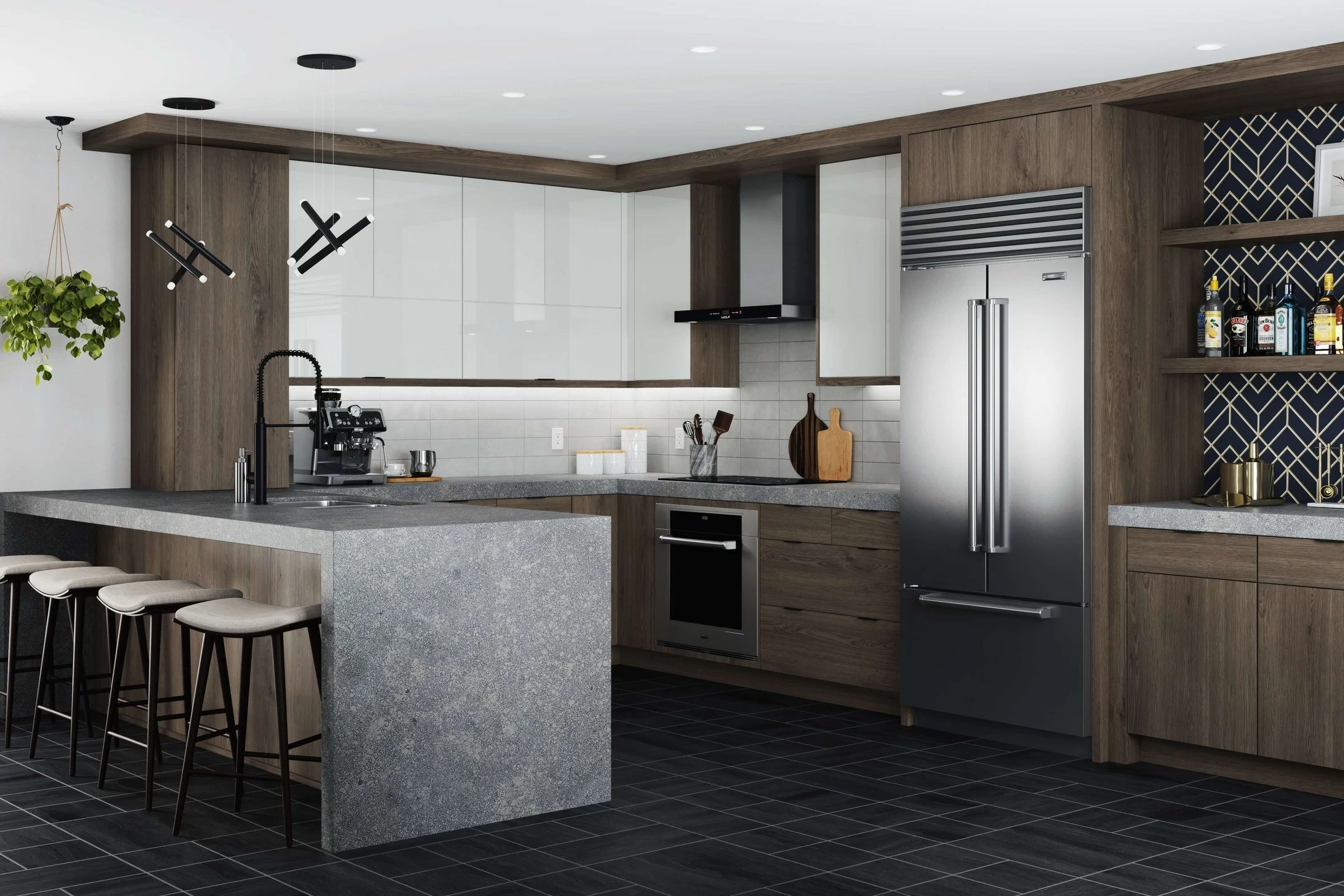 A contemporary kitchen design combining slab cabinets in Red Oak paired by ultra glossy white acrylic cabinets.
