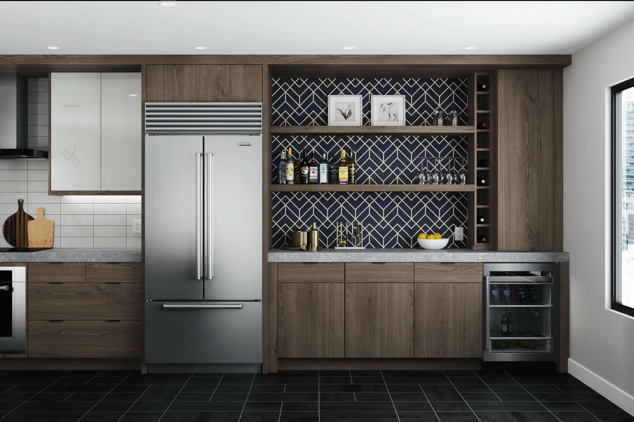 A Scandinavian styled kitchen with a white painted shiplap wood hood and true-brown stained shaker style cabinets in the Red Oak wood species.