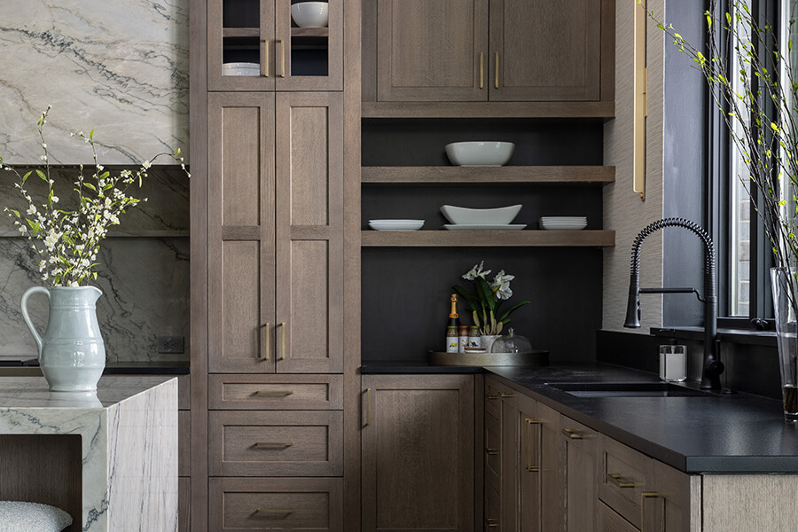 Quarter-Sawn White Oak cabinets with shaker style and a trendy, medium, true-brown stained finish.