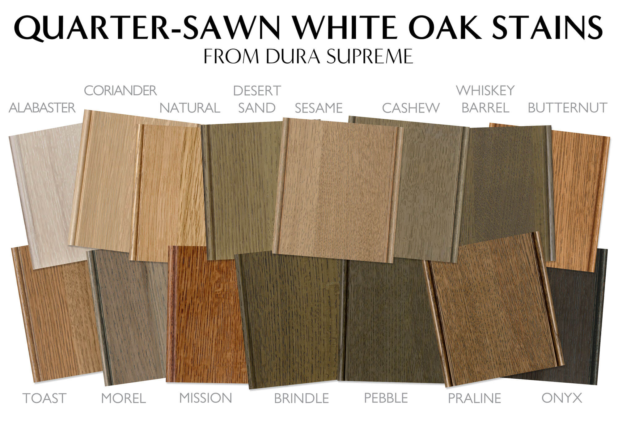 Stain colors and finishes for Quarter-Sawn White Oak wood cabinets by Dura Supreme Cabinetry.