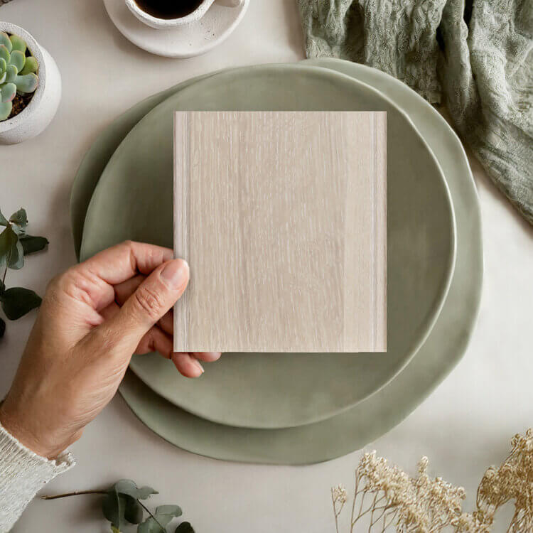 Dura Supreme's Cerused finish on quarter-sawn whtie oak with a limed glazed detail on the wood grain.