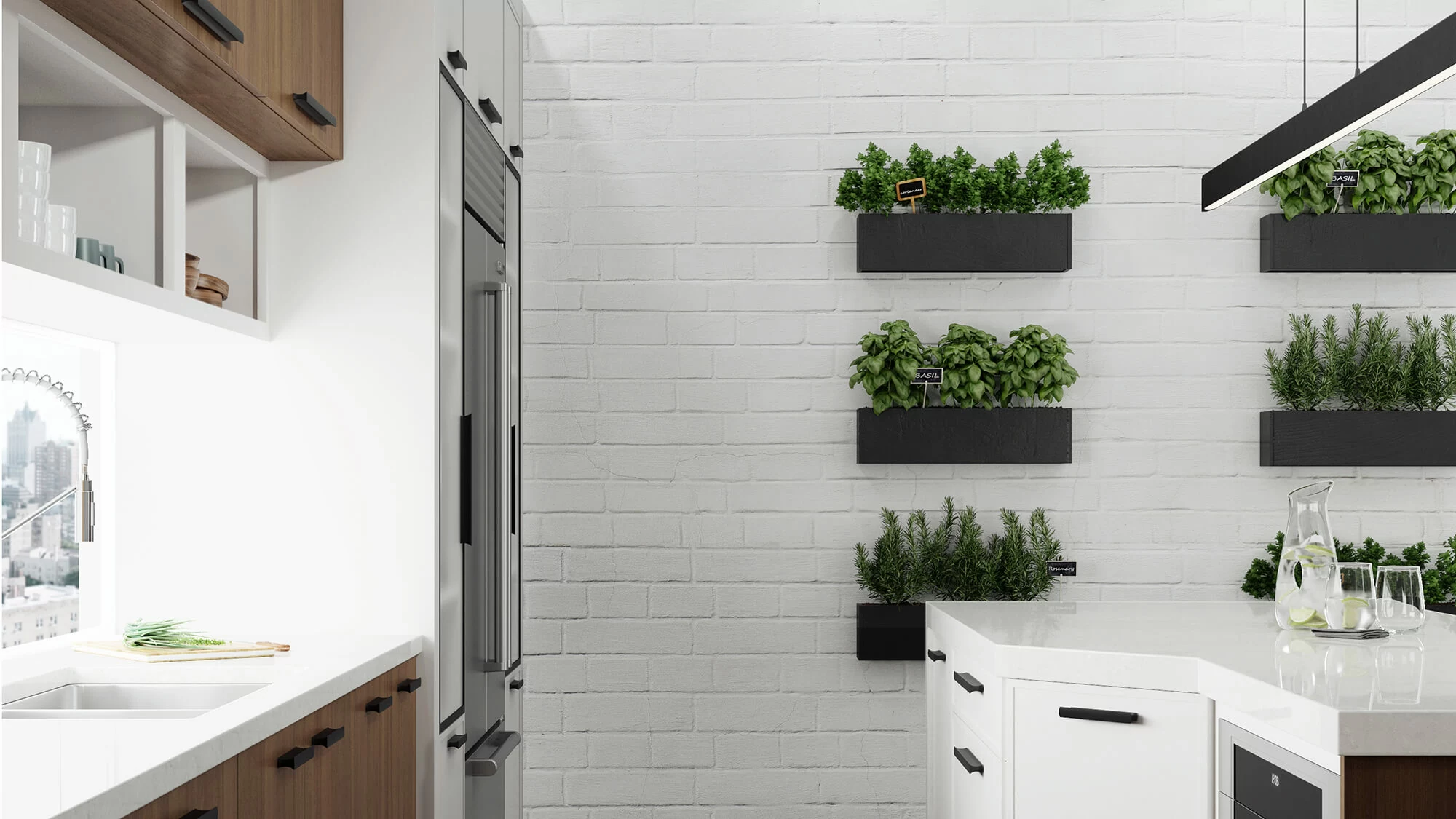 The designer brought biophilic design style into this urban kitchen by creating a modern herb garden wall. Featuring Dura Supreme’s Reese door style in “Pearl” paint paired with the Metro-Vertical door style in “Hazelnut” stain on Walnut exotic veneer.