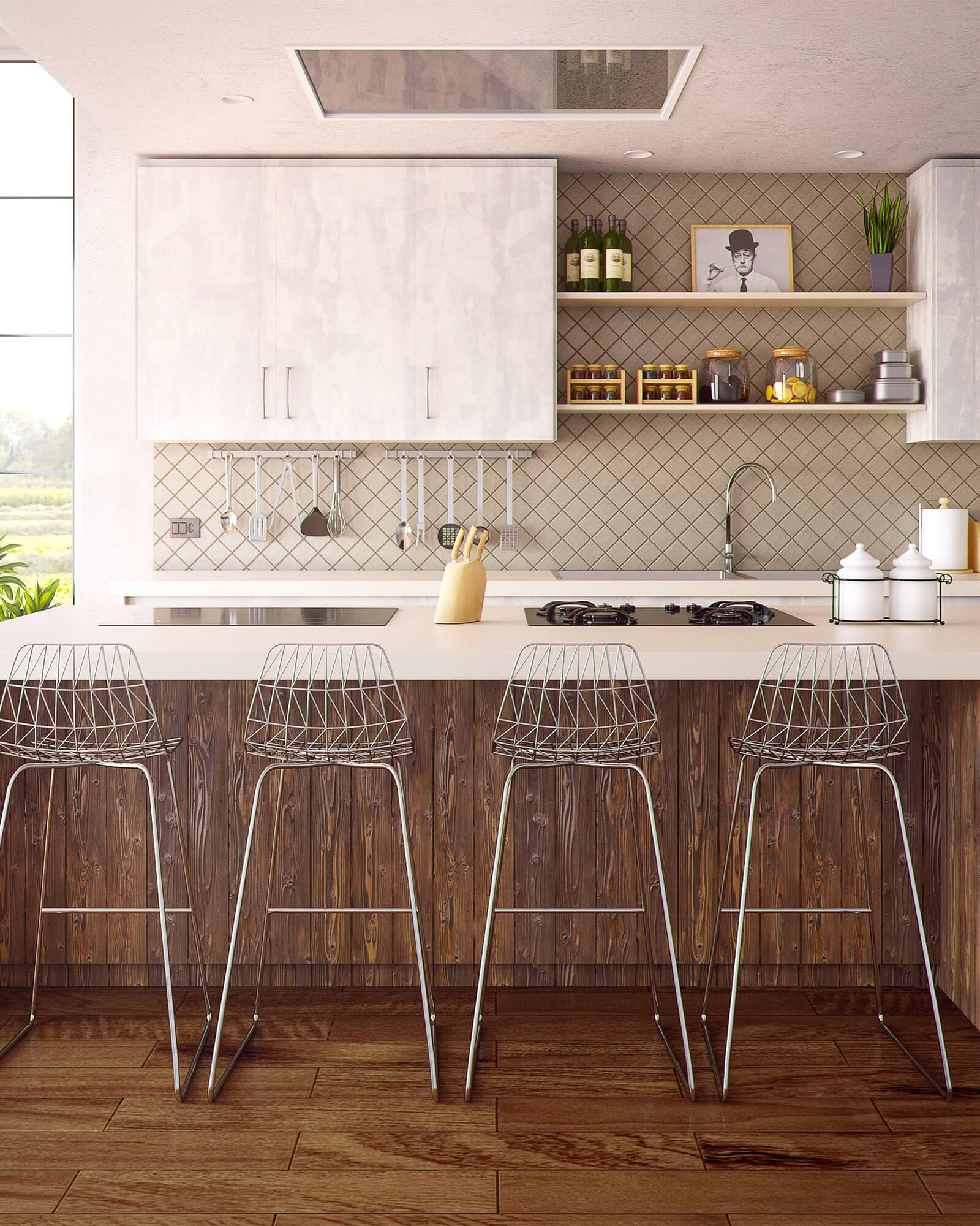 A modern kitchen design with rustic textures.
