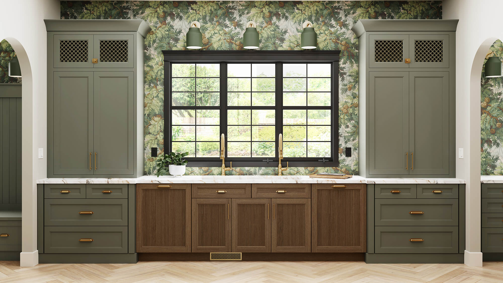Green painted cabinets with accents of light stained wood cabinets with reeded panel details.
