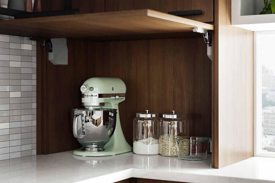 A stay-lift cabinet door hinge option that opens and holds the door upwards.